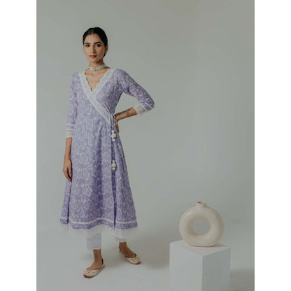 Old Marigold Naaz Lavender Cotton Floral Angarkha Kurta With Pant (Set of 2)