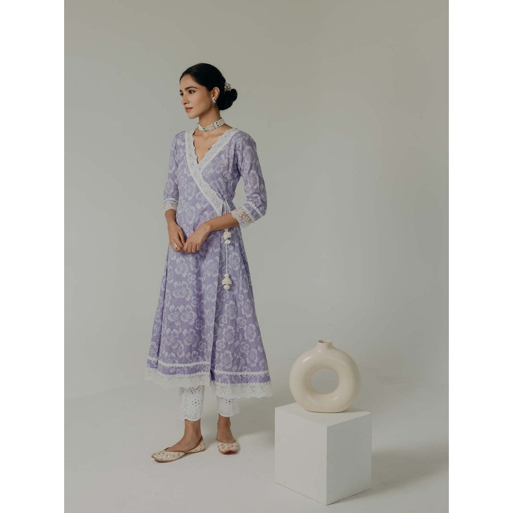 Old Marigold Naaz Lavender Cotton Floral Angarkha Kurta With Pant (Set of 2)