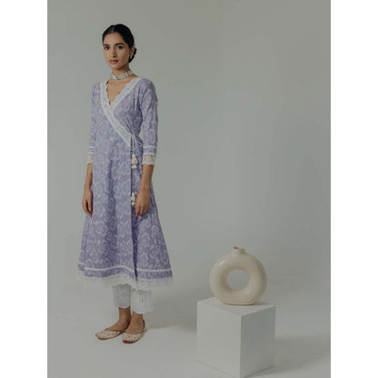 Old Marigold Naaz Lavender Cotton Floral Angarkha Kurta With Pant (Set of 2)