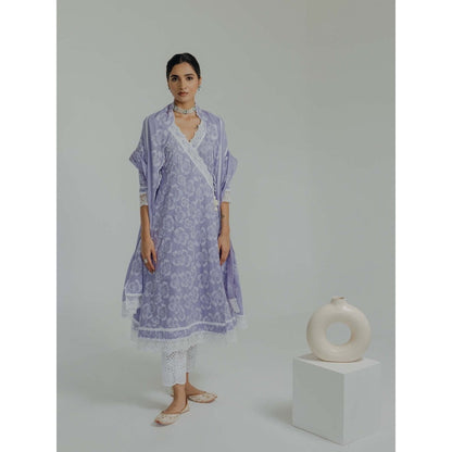 Old Marigold Naaz Lavender Cotton Floral Angarkha Kurta With Pant And Dupatta (Set of 3)