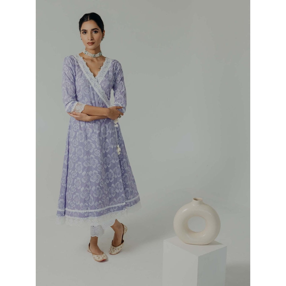 Old Marigold Naaz Lavender Cotton Floral Angarkha Kurta With Pant And Dupatta (Set of 3)