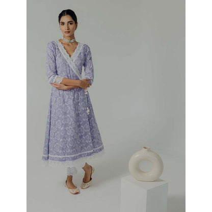 Old Marigold Naaz Lavender Cotton Floral Angarkha Kurta With Pant And Dupatta (Set of 3)