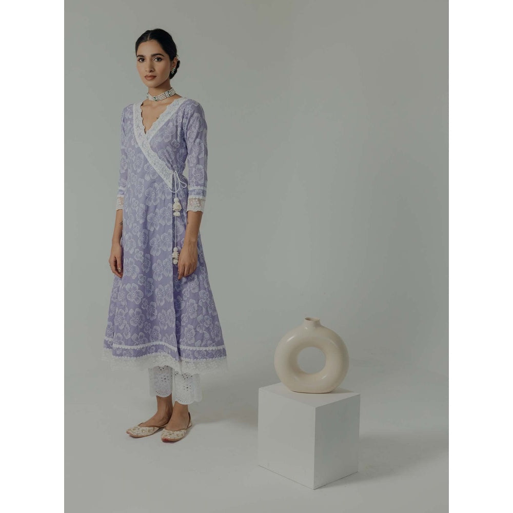 Old Marigold Naaz Lavender Cotton Floral Angarkha Kurta With Pant And Dupatta (Set of 3)