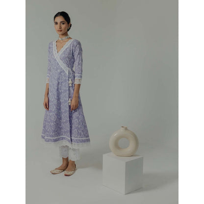 Old Marigold Naaz Lavender Cotton Floral Angarkha Kurta With Pant And Dupatta (Set of 3)