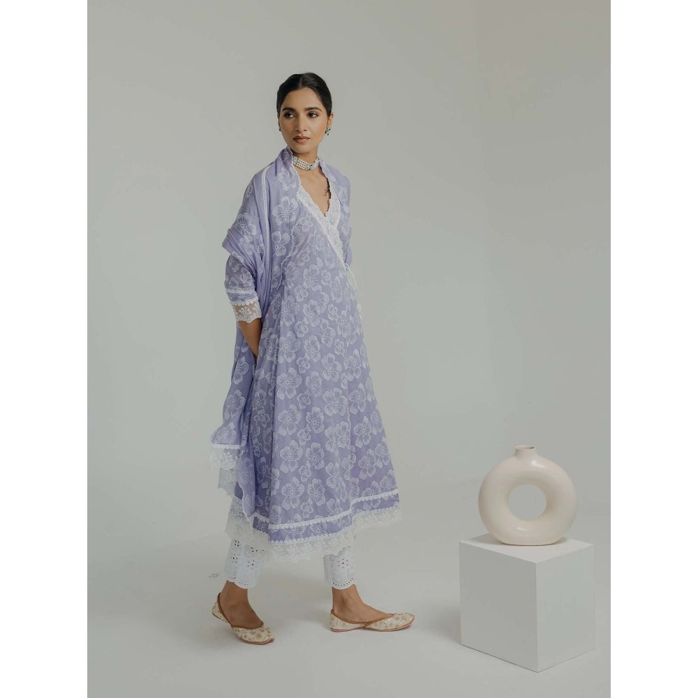 Old Marigold Naaz Lavender Cotton Floral Angarkha Kurta With Pant And Dupatta (Set of 3)