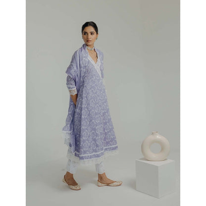 Old Marigold Naaz Lavender Cotton Floral Angarkha Kurta With Pant And Dupatta (Set of 3)