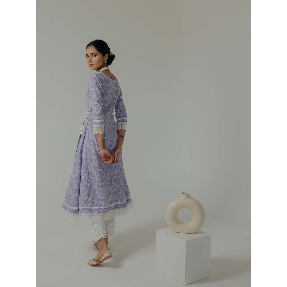 Old Marigold Naaz Lavender Cotton Floral Angarkha Kurta With Pant And Dupatta (Set of 3)
