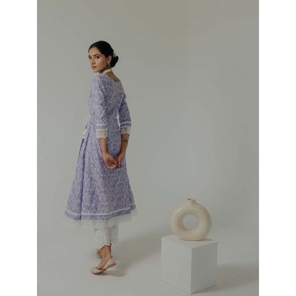 Old Marigold Naaz Lavender Cotton Floral Angarkha Kurta With Pant And Dupatta (Set of 3)