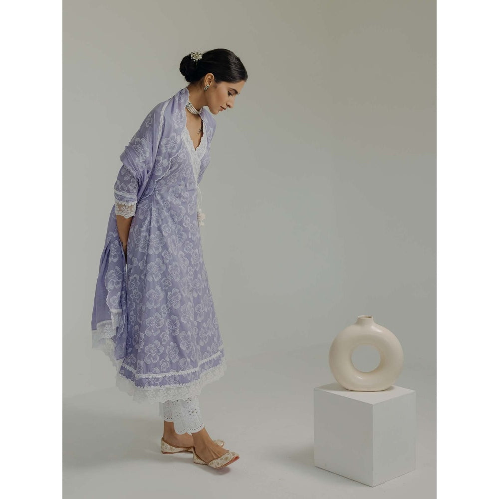 Old Marigold Naaz Lavender Cotton Floral Angarkha Kurta With Pant And Dupatta (Set of 3)