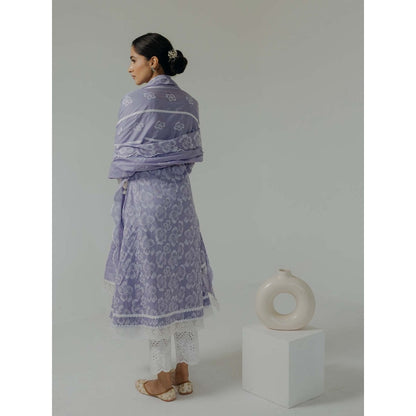 Old Marigold Naaz Lavender Cotton Floral Angarkha Kurta With Pant And Dupatta (Set of 3)