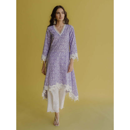 Old Marigold Noor Lavender Cotton Floral Kurta With Pant (Set of 2)