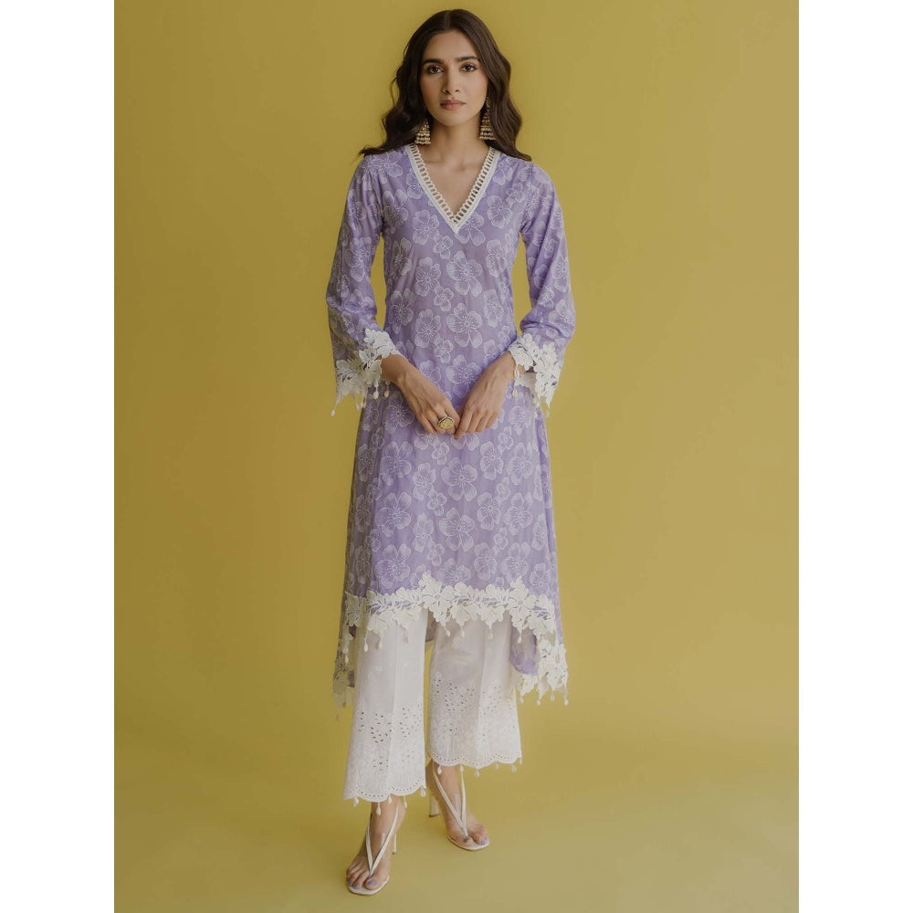 Old Marigold Noor Lavender Cotton Floral Kurta With Pant (Set of 2)