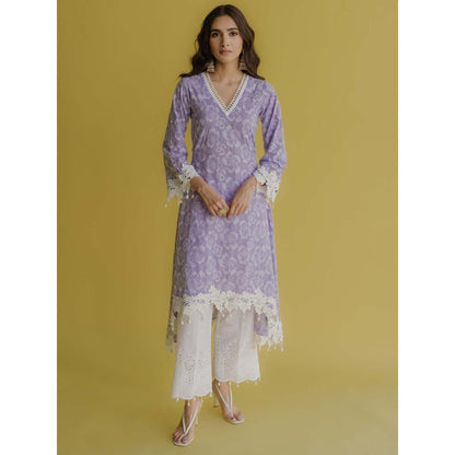 Old Marigold Noor Lavender Cotton Floral Kurta With Pant (Set of 2)