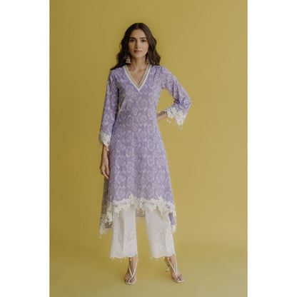 Old Marigold Noor Lavender Cotton Floral Kurta With Pant (Set of 2)