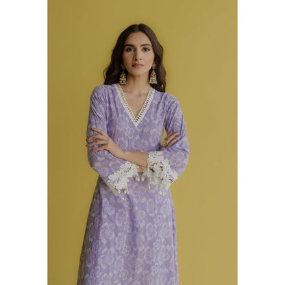 Old Marigold Noor Lavender Cotton Floral Kurta With Pant (Set of 2)