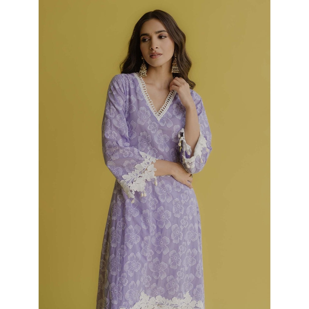 Old Marigold Noor Lavender Cotton Floral Kurta With Pant (Set of 2)