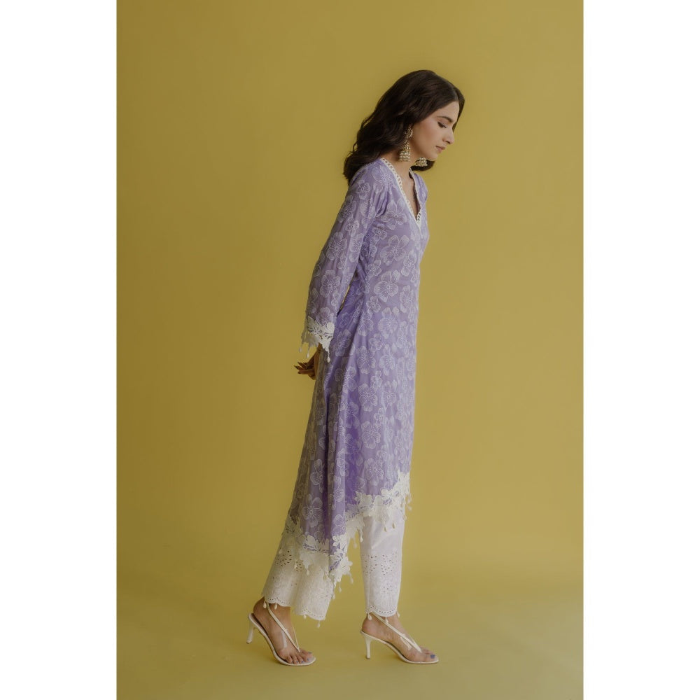 Old Marigold Noor Lavender Cotton Floral Kurta With Pant (Set of 2)