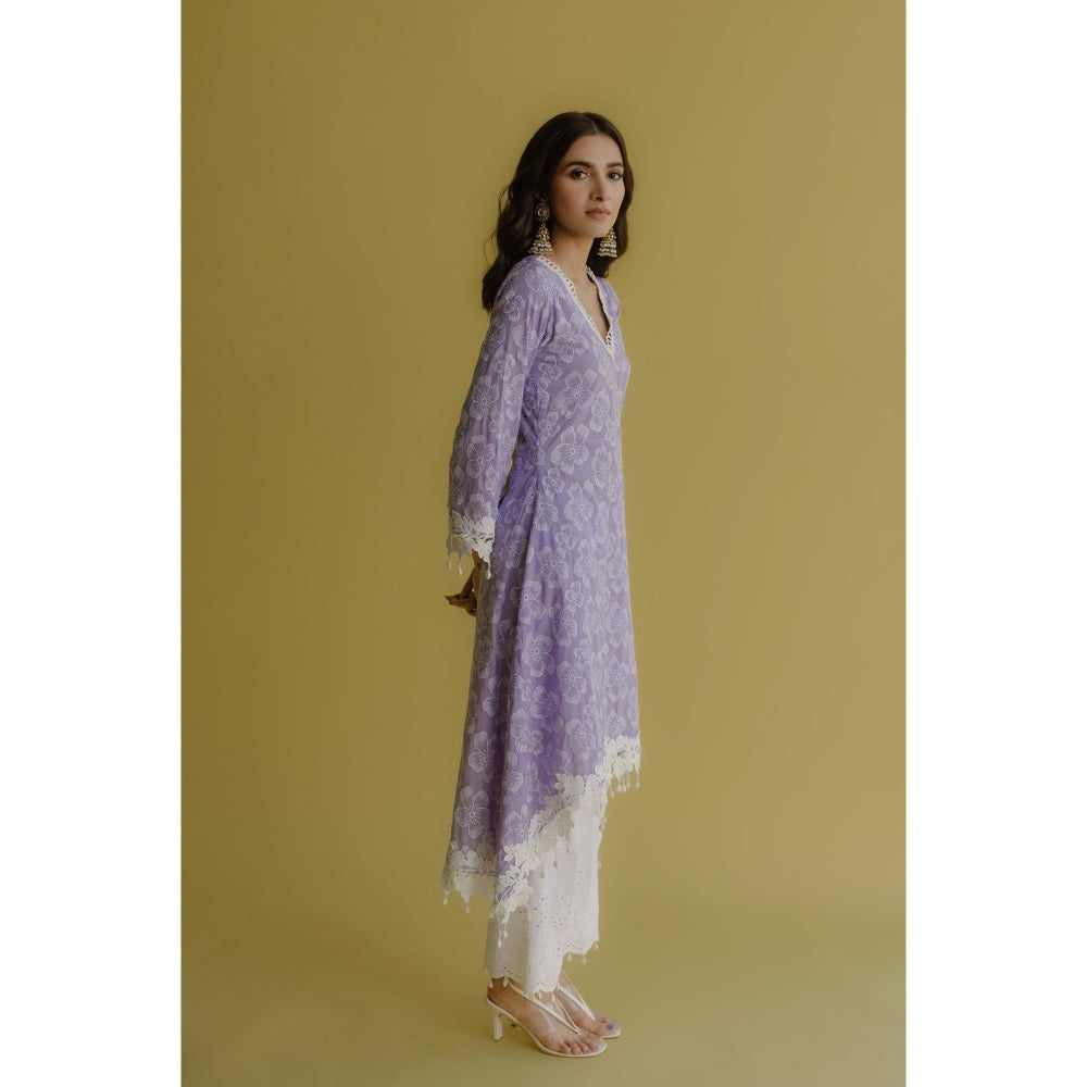 Old Marigold Noor Lavender Cotton Floral Kurta With Pant (Set of 2)