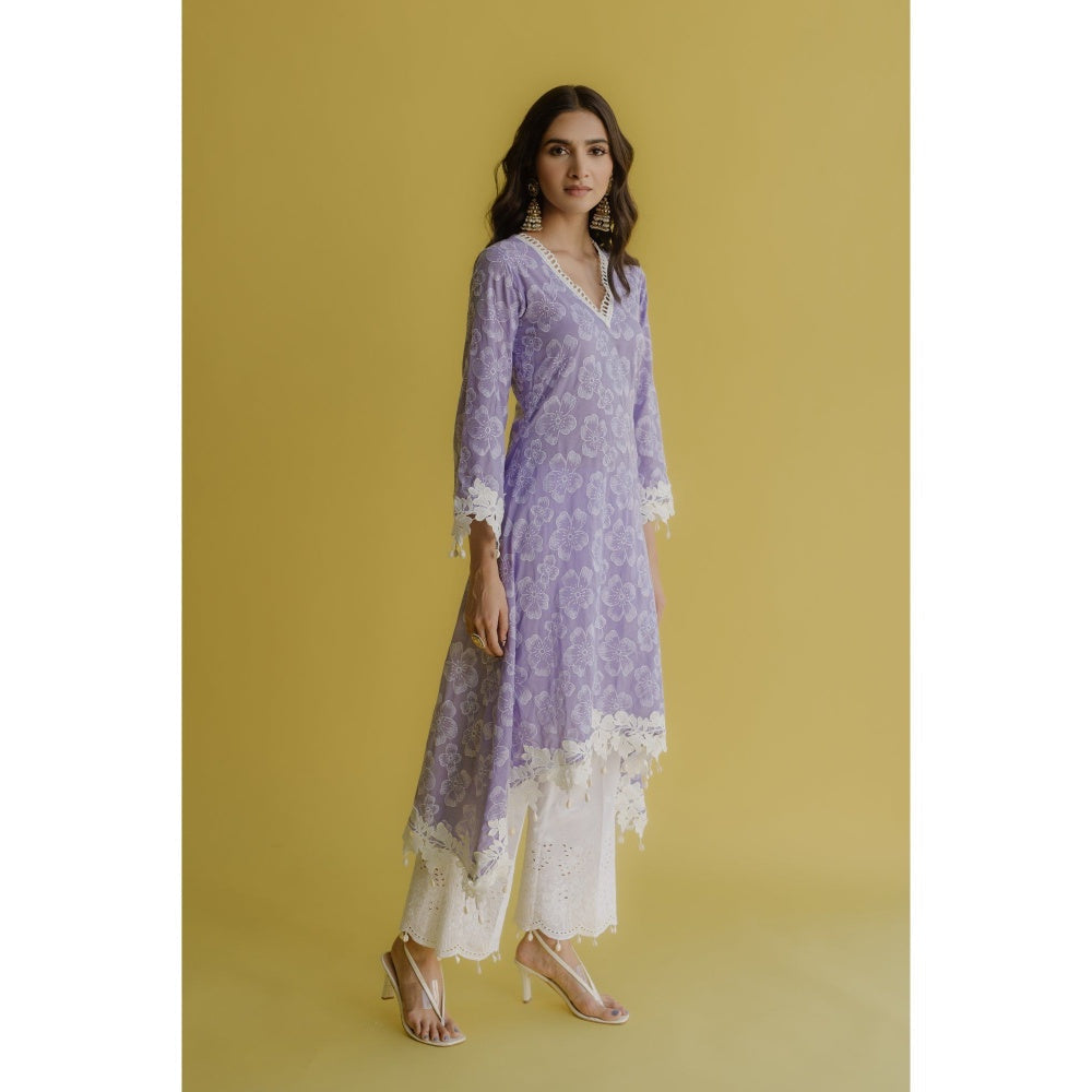 Old Marigold Noor Lavender Cotton Floral Kurta With Pant (Set of 2)