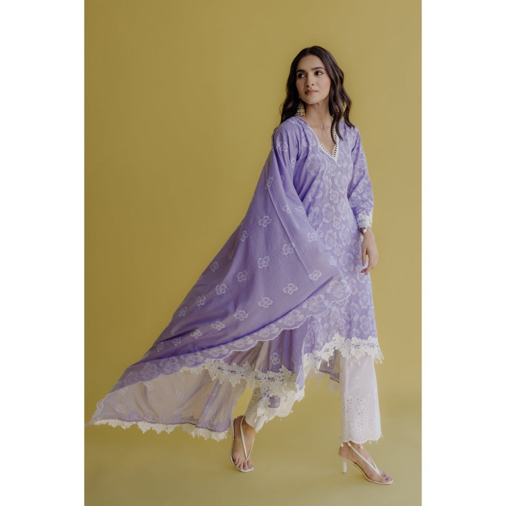 Old Marigold Noor Lavender Cotton Floral Kurta With Pant And Dupatta (Set of 3)