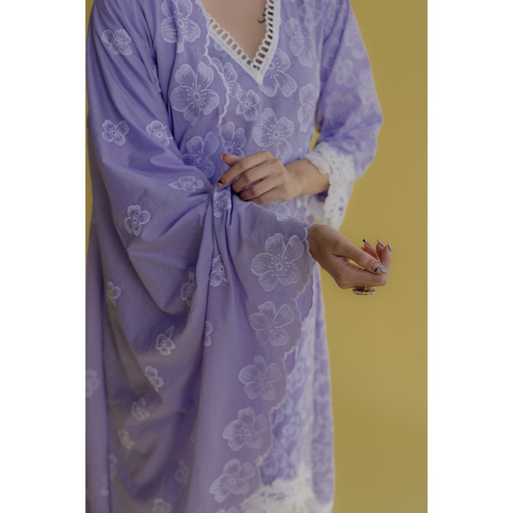 Old Marigold Noor Lavender Cotton Floral Kurta With Pant And Dupatta (Set of 3)