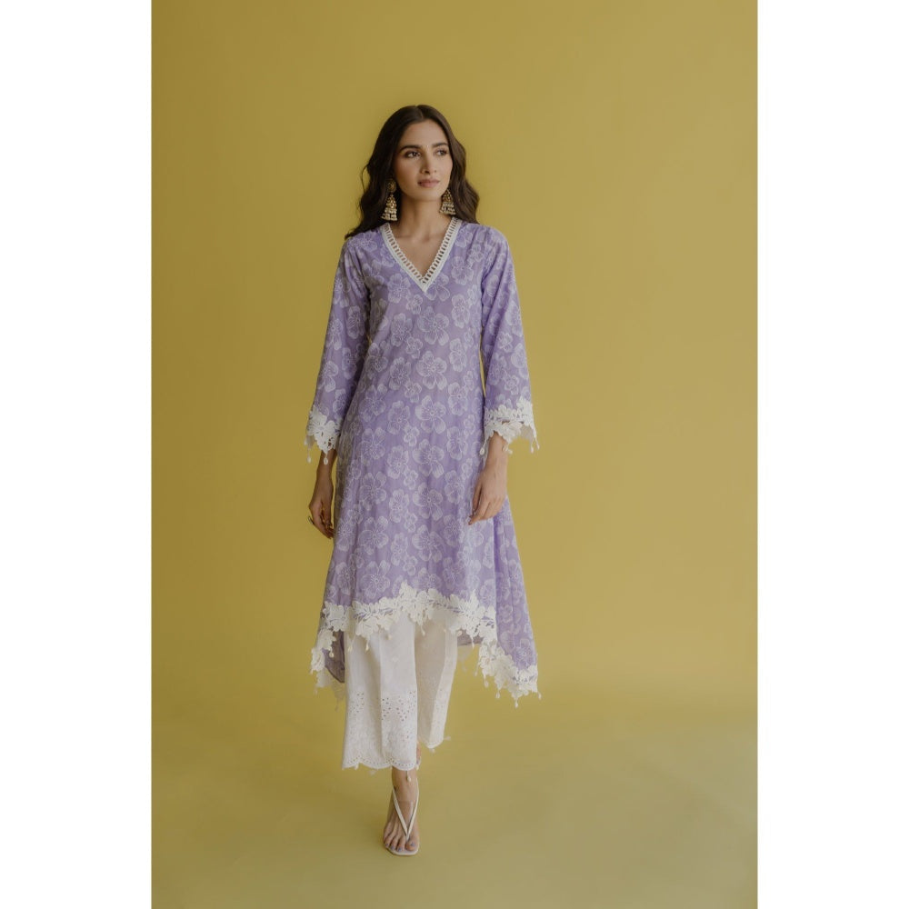 Old Marigold Noor Lavender Cotton Floral Kurta With Pant And Dupatta (Set of 3)