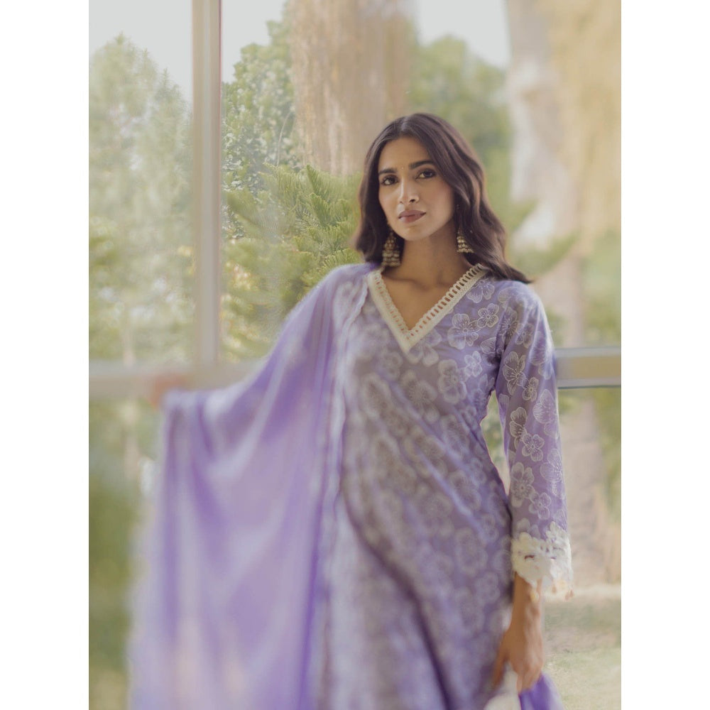 Old Marigold Noor Lavender Cotton Floral Kurta With Pant And Dupatta (Set of 3)