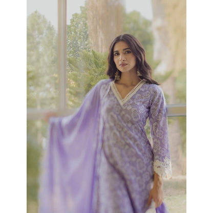 Old Marigold Noor Lavender Cotton Floral Kurta With Pant And Dupatta (Set of 3)