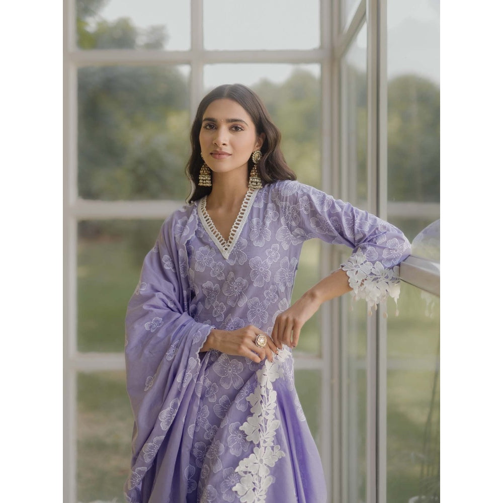 Old Marigold Noor Lavender Cotton Floral Kurta With Pant And Dupatta (Set of 3)