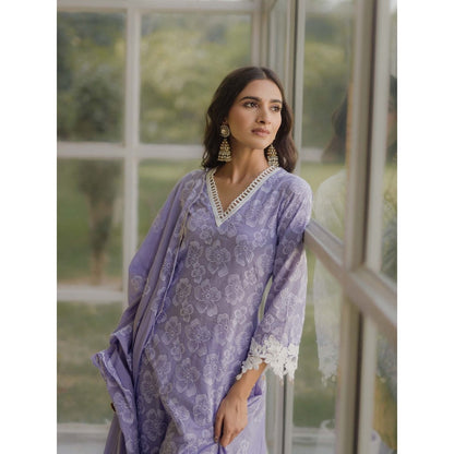 Old Marigold Noor Lavender Cotton Floral Kurta With Pant And Dupatta (Set of 3)