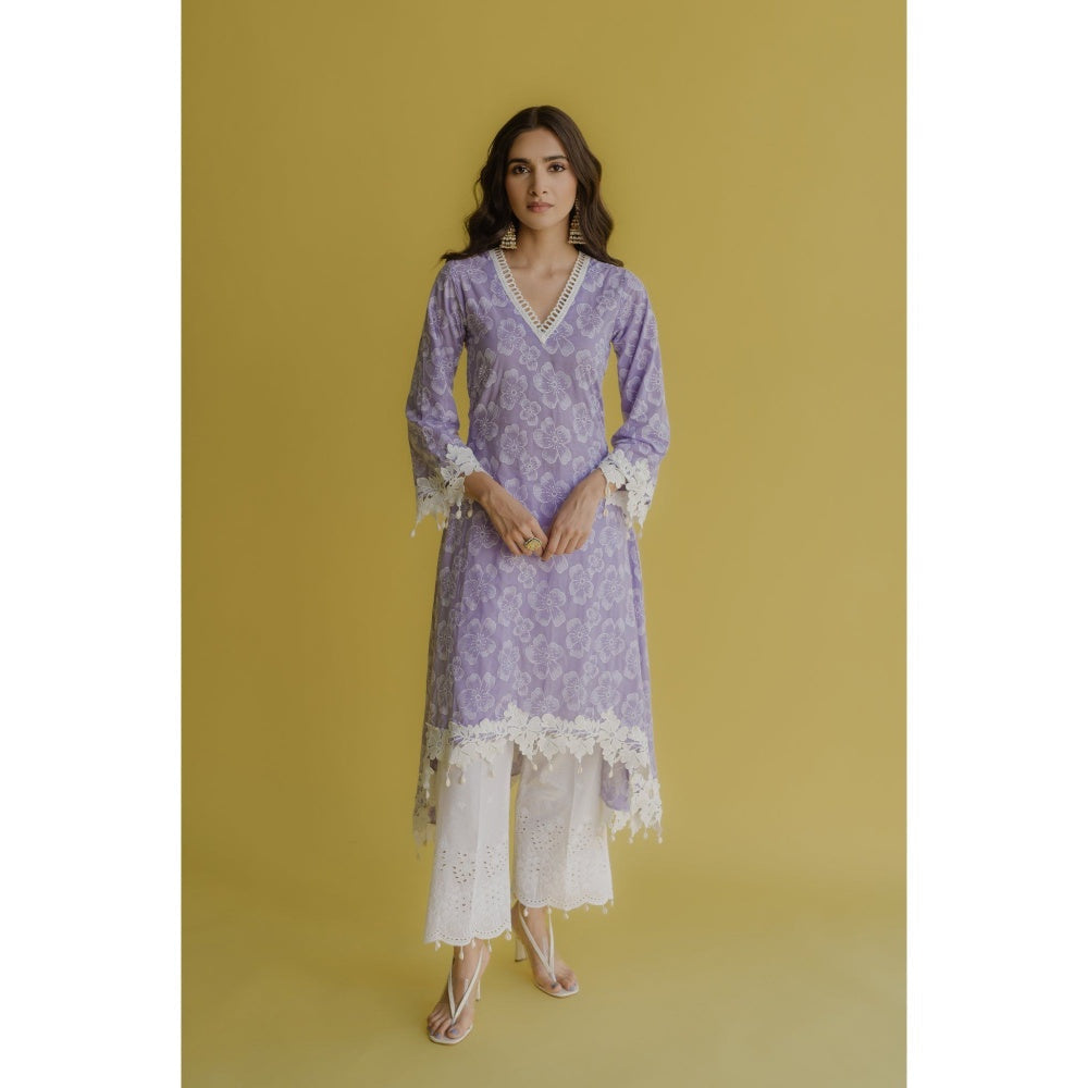 Old Marigold Noor Lavender Cotton Floral Kurta With Pant And Dupatta (Set of 3)