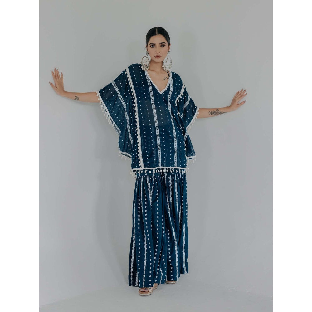 Old Marigold Saira Navy Blue Cotton Embroidered Kaftan With Sharara And Blouse (Set of 3)