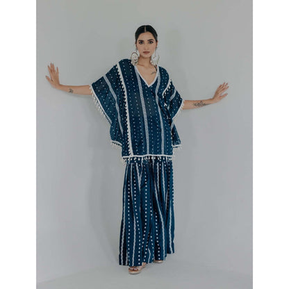 Old Marigold Saira Navy Blue Cotton Embroidered Kaftan With Sharara And Blouse (Set of 3)