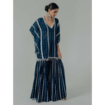 Old Marigold Saira Navy Blue Cotton Embroidered Kaftan With Sharara And Blouse (Set of 3)