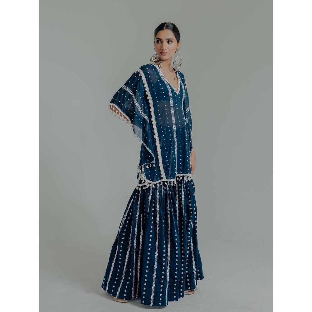 Old Marigold Saira Navy Blue Cotton Embroidered Kaftan With Sharara And Blouse (Set of 3)