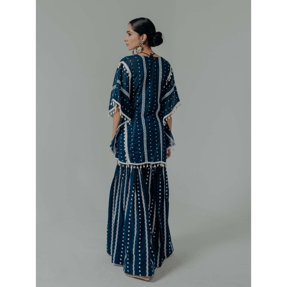 Old Marigold Saira Navy Blue Cotton Embroidered Kaftan With Sharara And Blouse (Set of 3)