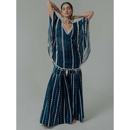 Old Marigold Saira Navy Blue Cotton Embroidered Kaftan With Sharara And Blouse (Set of 3)