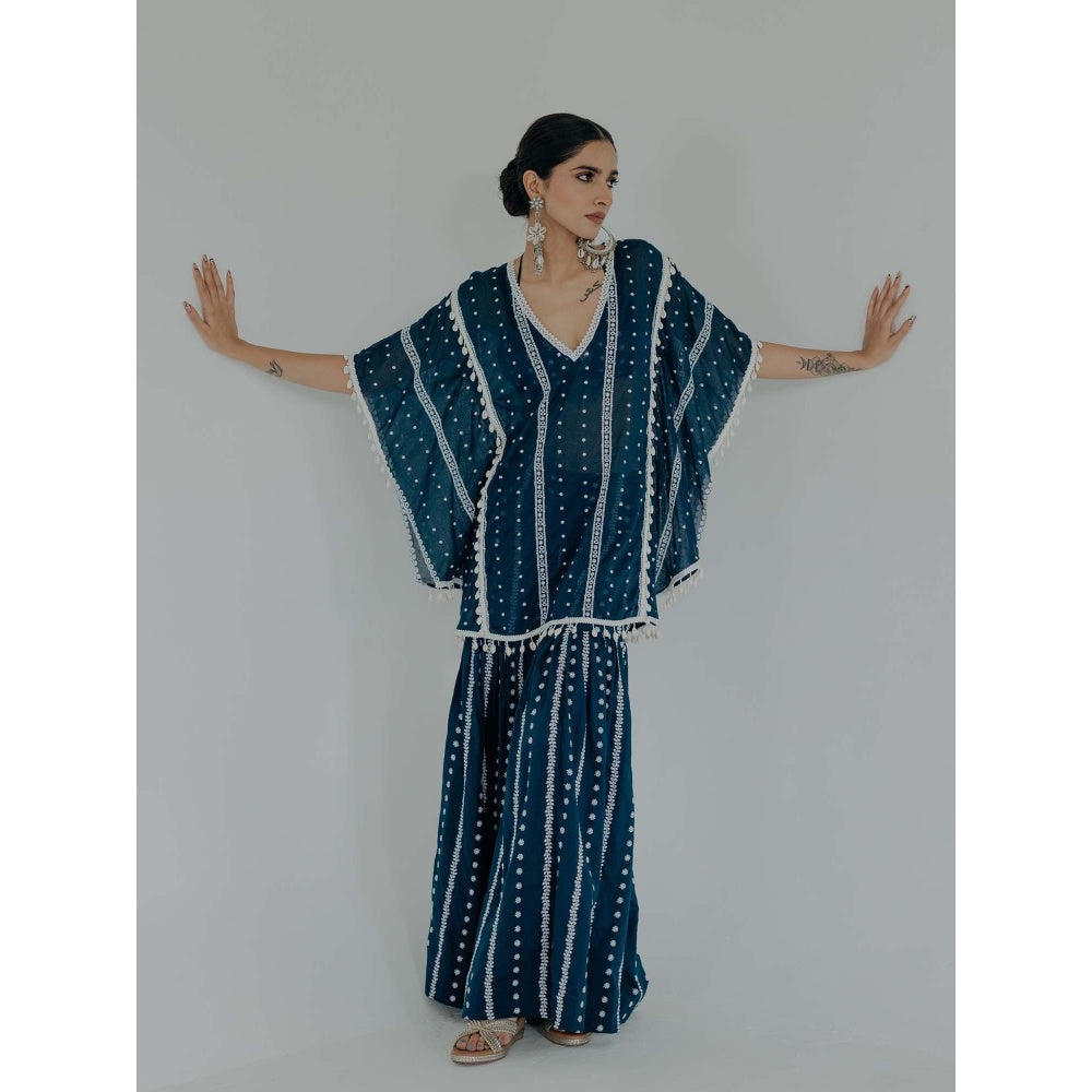 Old Marigold Saira Navy Blue Cotton Embroidered Kaftan With Sharara And Blouse (Set of 3)