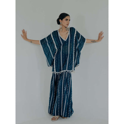 Old Marigold Saira Navy Blue Cotton Embroidered Kaftan With Sharara And Blouse (Set of 3)