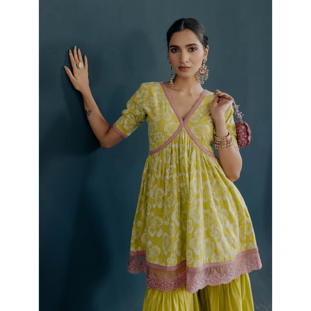 Old Marigold Shireen Yellow Cotton Floral Kurta