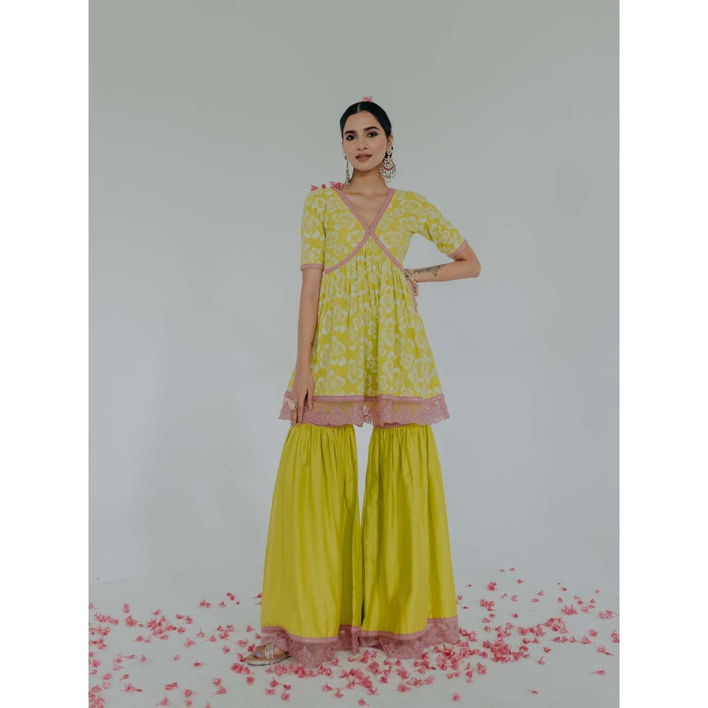 Old Marigold Shireen Yellow Cotton Floral Kurta With Sharara (Set of 2)