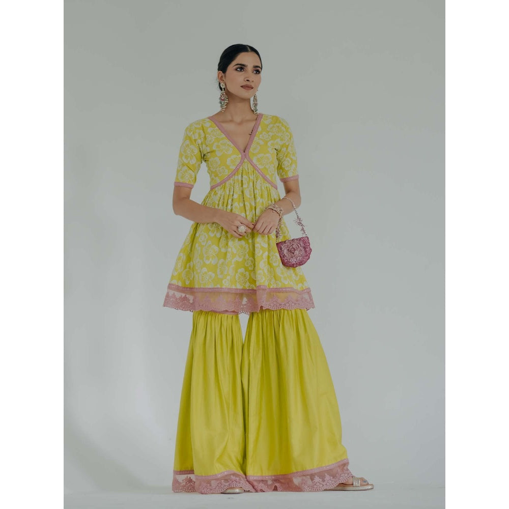 Old Marigold Shireen Yellow Cotton Floral Kurta With Sharara (Set of 2)