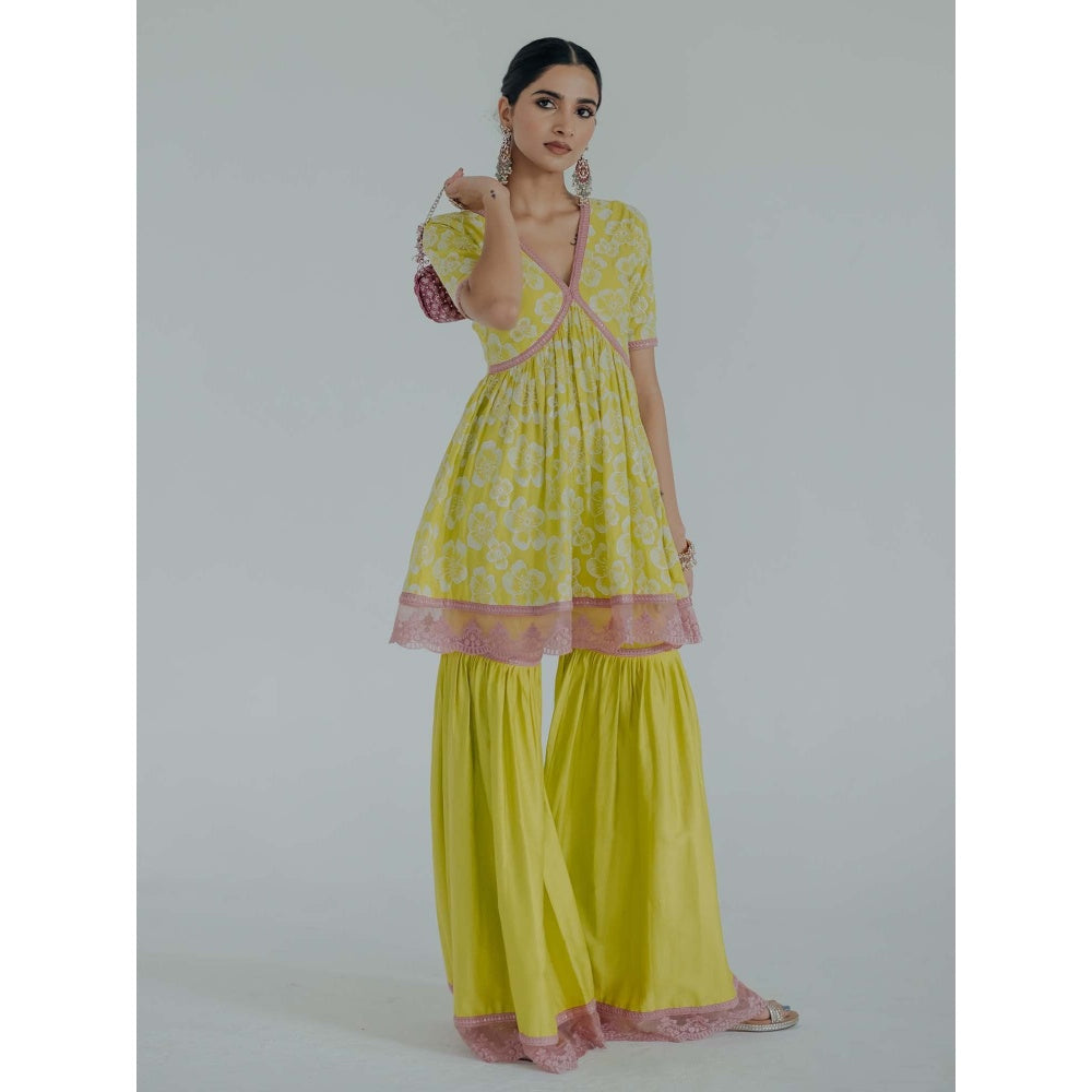 Old Marigold Shireen Yellow Cotton Floral Kurta With Sharara (Set of 2)