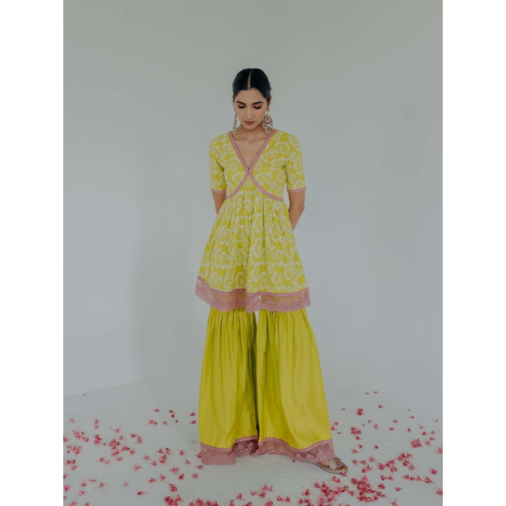 Old Marigold Shireen Yellow Cotton Floral Kurta With Sharara (Set of 2)