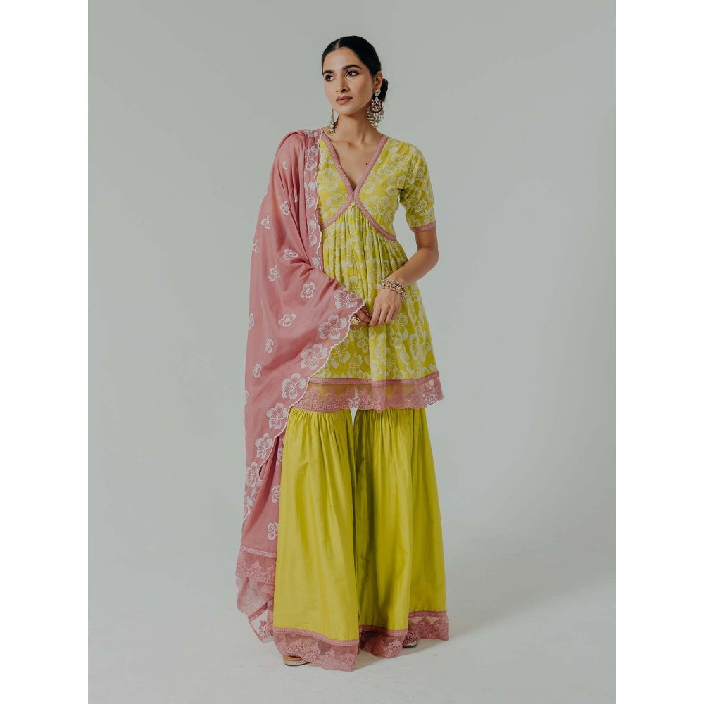 Old Marigold Shireen Yellow Cotton Floral Kurta With Sharara And Dupatta (Set of 3)