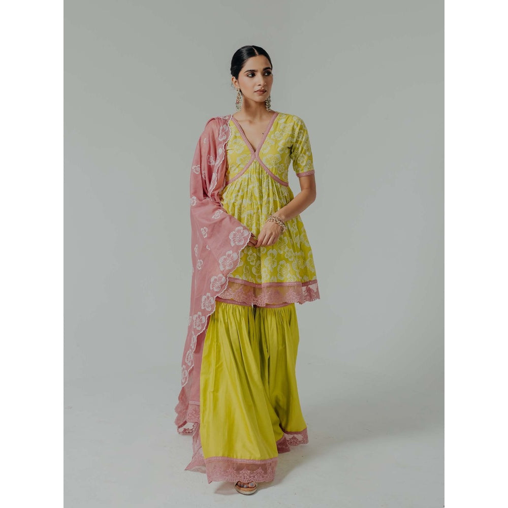 Old Marigold Shireen Yellow Cotton Floral Kurta With Sharara And Dupatta (Set of 3)