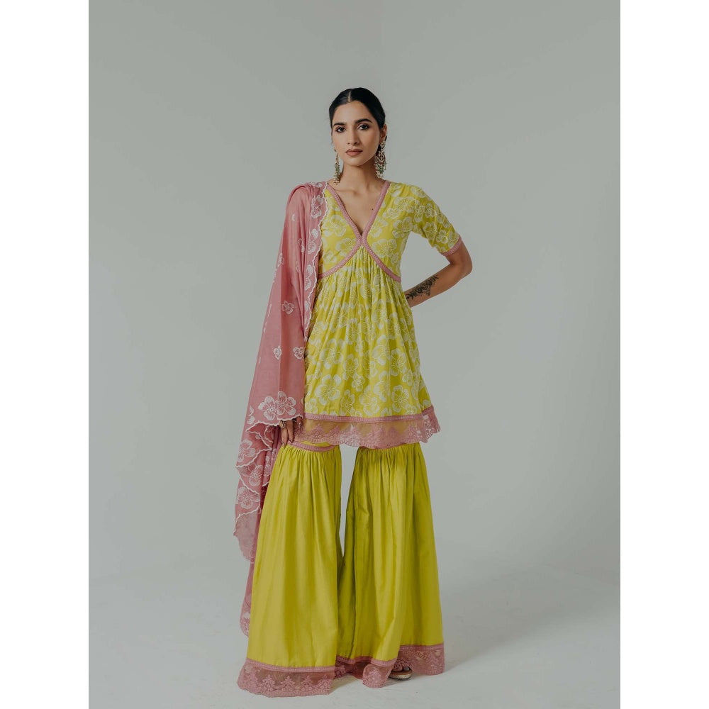 Old Marigold Shireen Yellow Cotton Floral Kurta With Sharara And Dupatta (Set of 3)