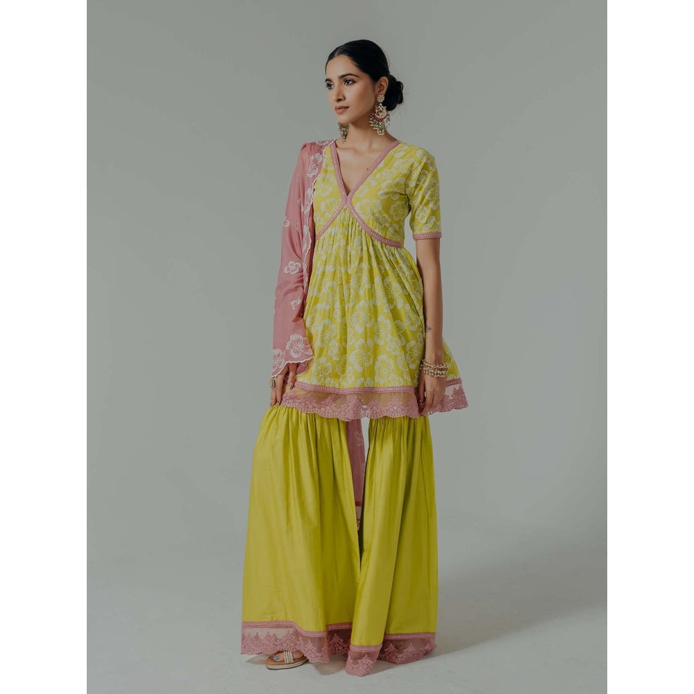 Old Marigold Shireen Yellow Cotton Floral Kurta With Sharara And Dupatta (Set of 3)
