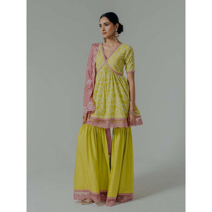 Old Marigold Shireen Yellow Cotton Floral Kurta With Sharara And Dupatta (Set of 3)