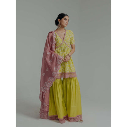 Old Marigold Shireen Yellow Cotton Floral Kurta With Sharara And Dupatta (Set of 3)